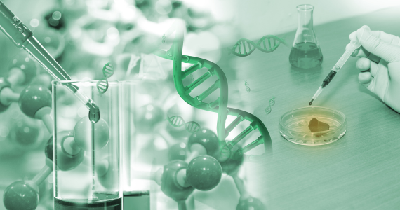 Green image of a beaker, DNA, and a petri dish